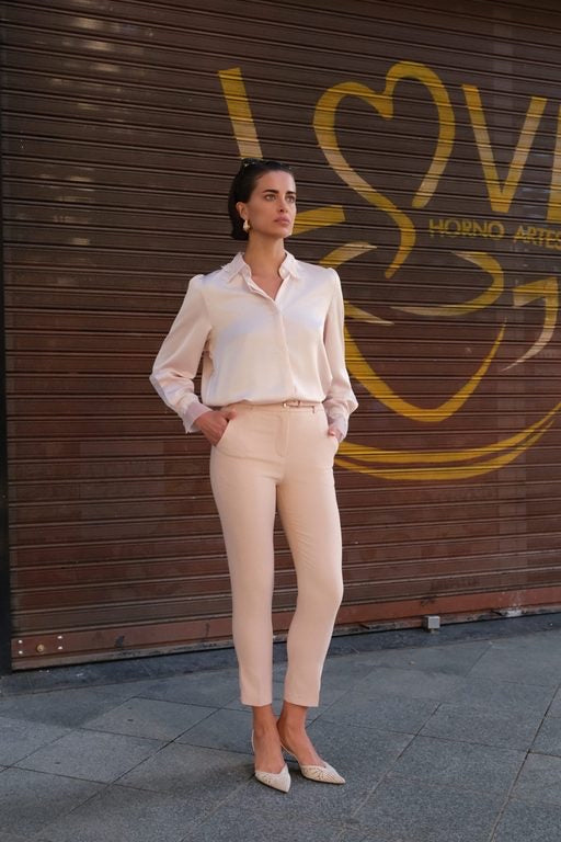 Cleo soft pink lace trim satin shirt