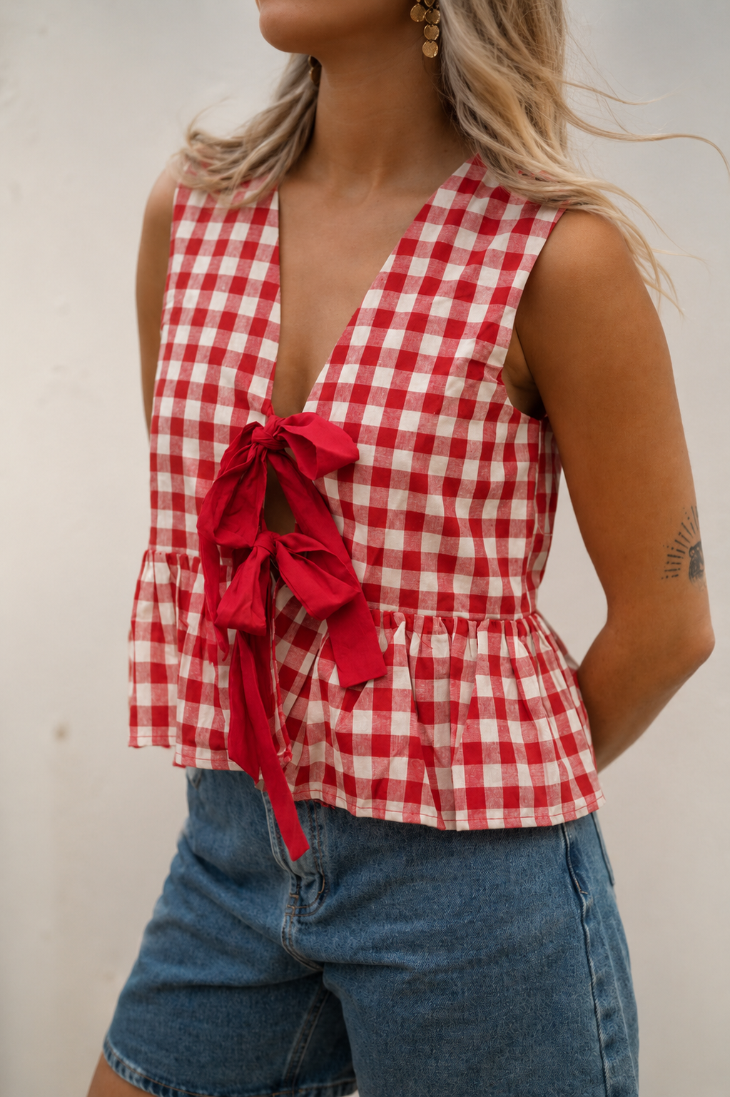 Olive red gingham reversible top