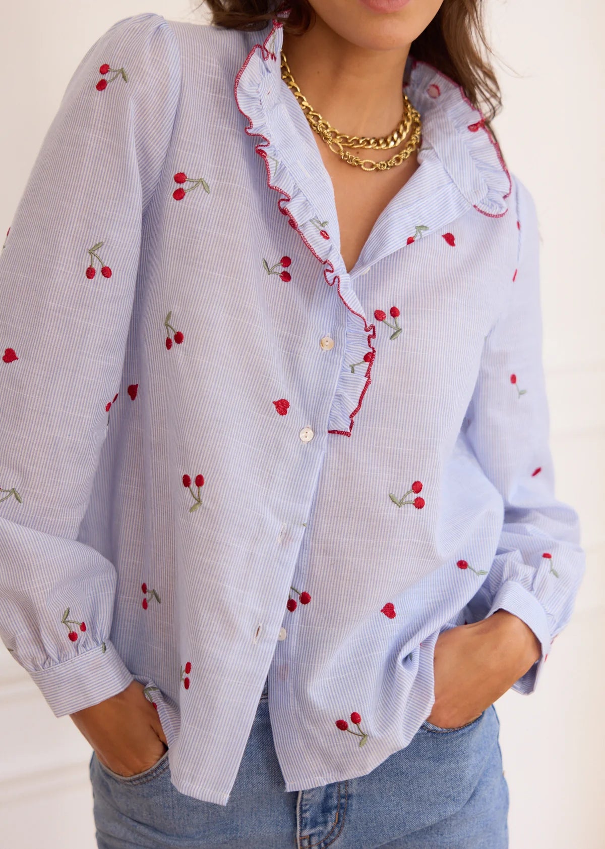 Piper Cherry & heart print blue stripe shirt