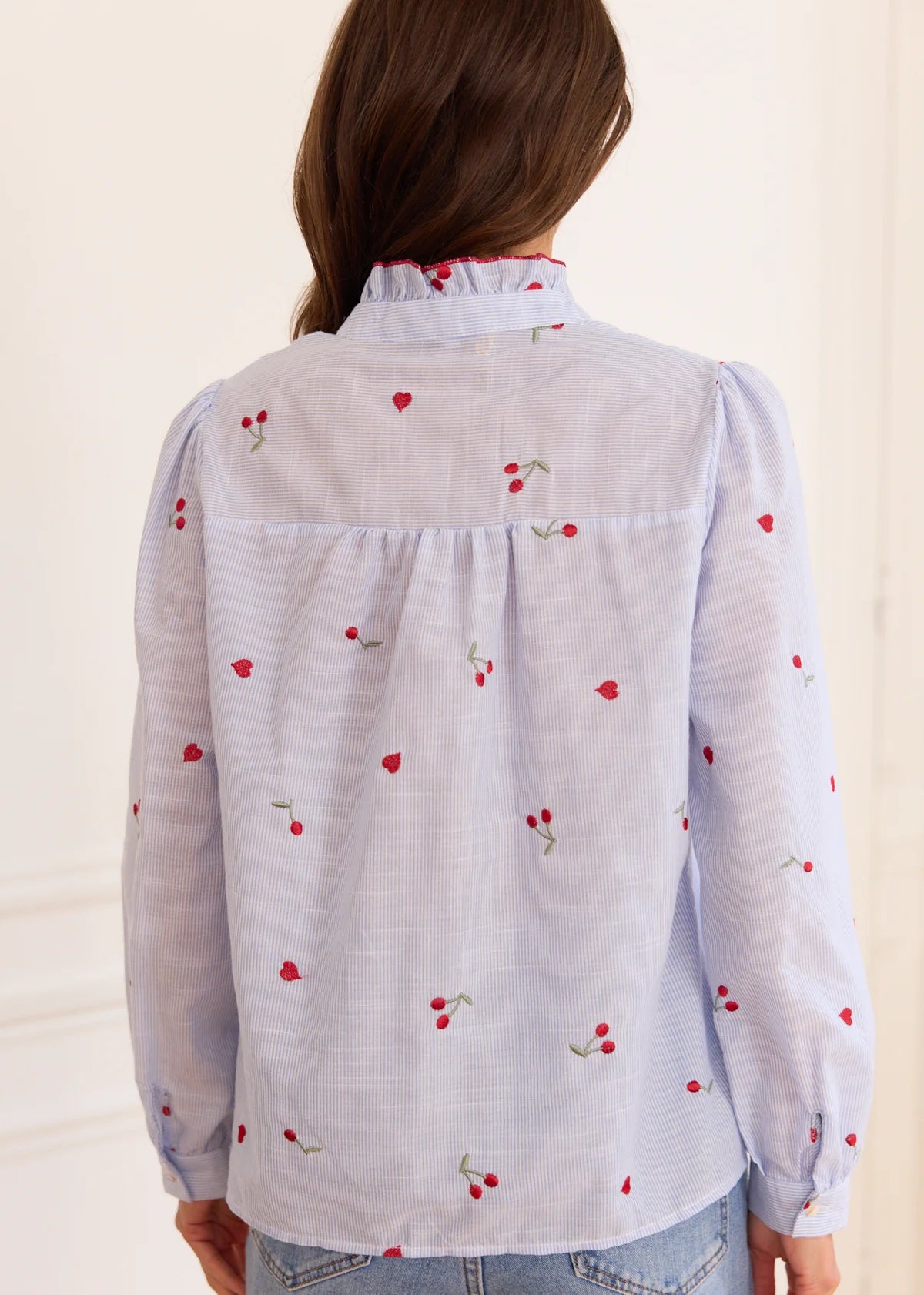 Piper Cherry & heart print blue stripe shirt