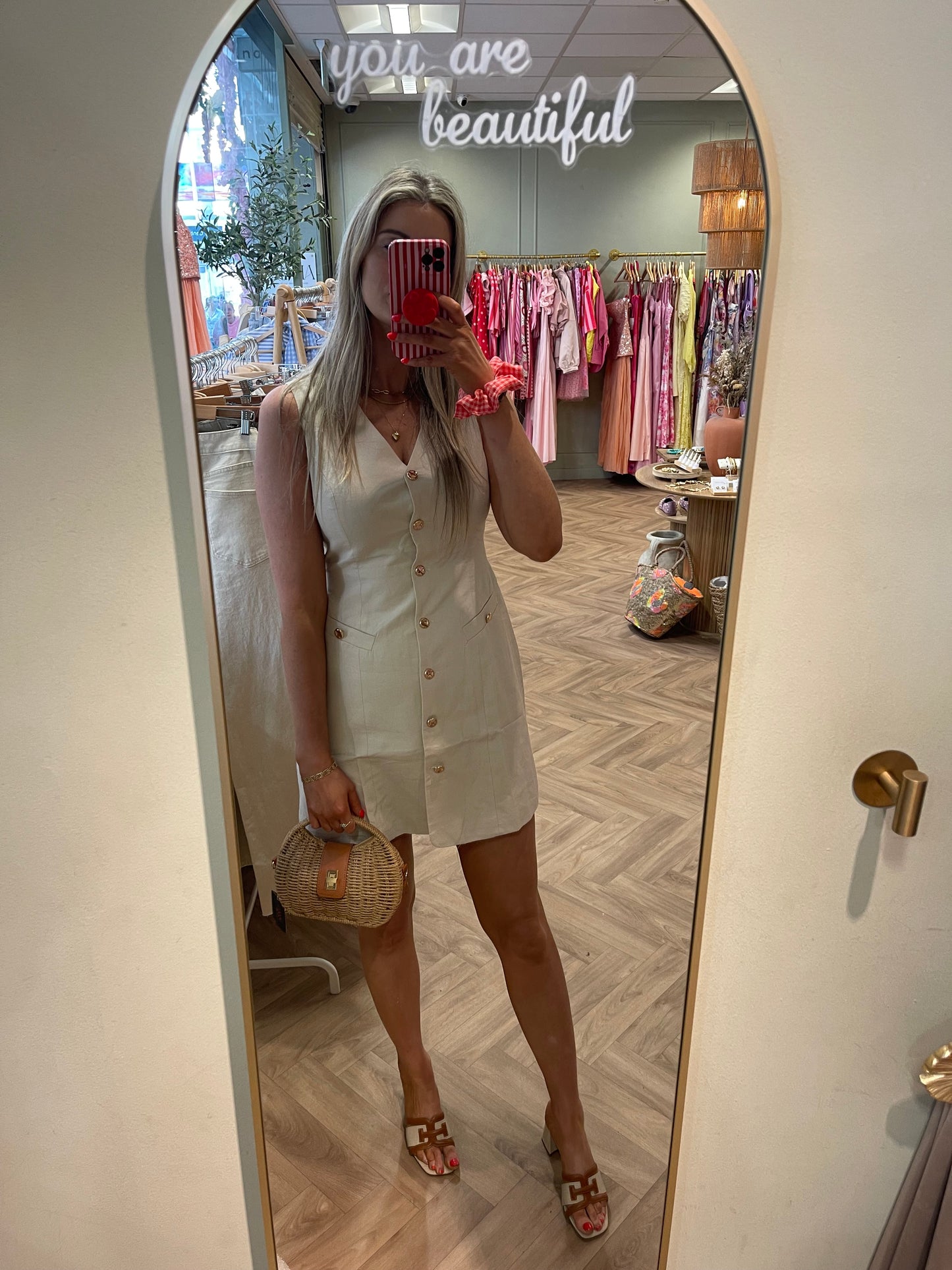 Mandy beige shift dress gold buttons