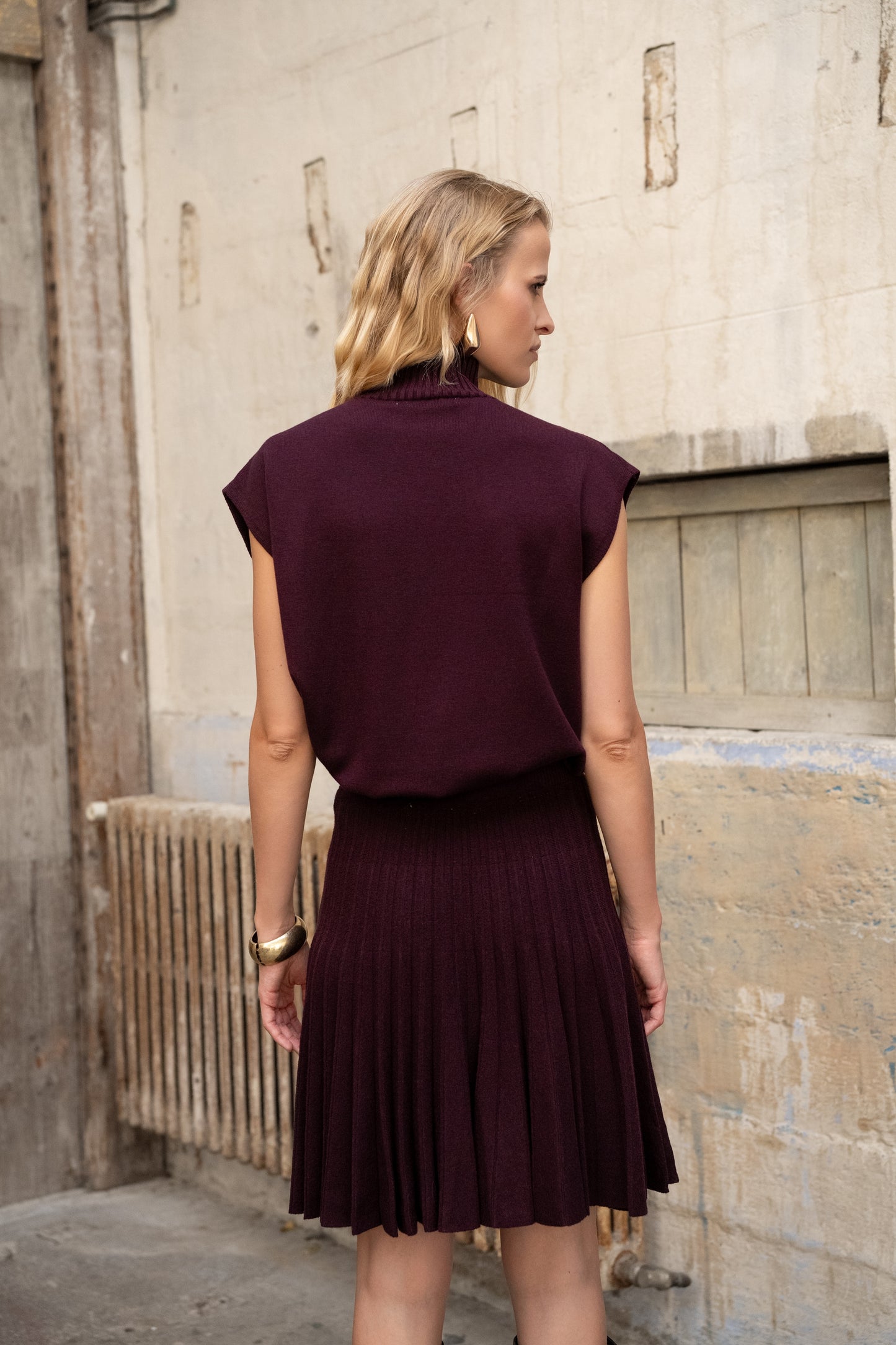 Isabelle burgundy cap sleeve polo neck