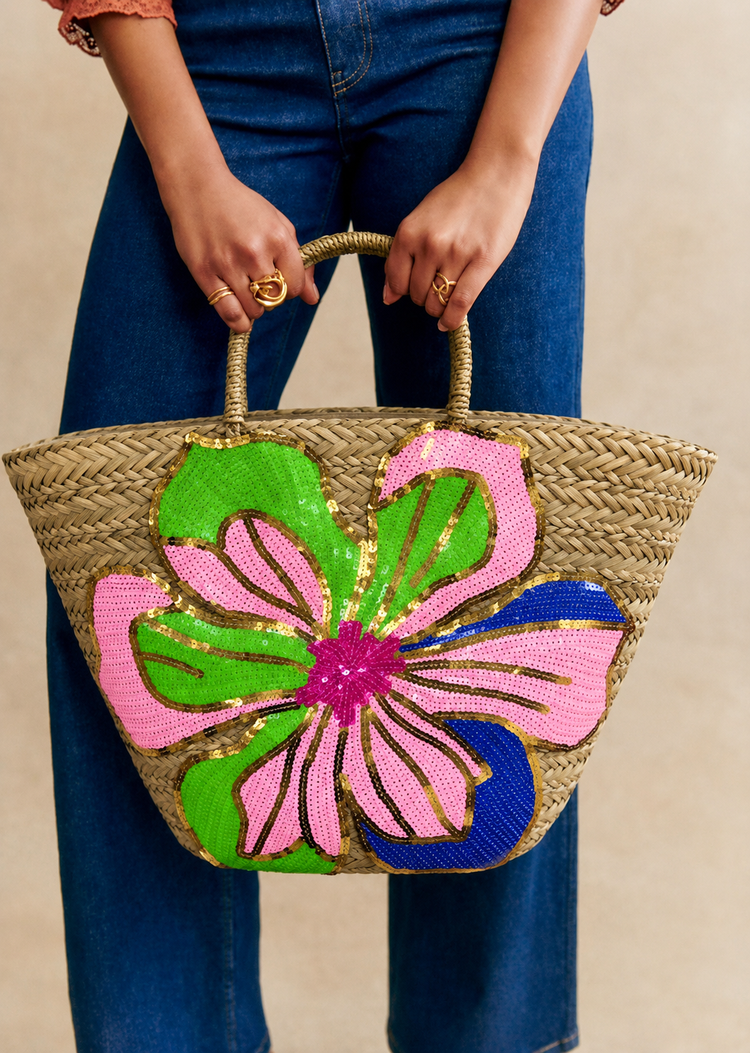 Millie neon flower sequin rattan beach bag