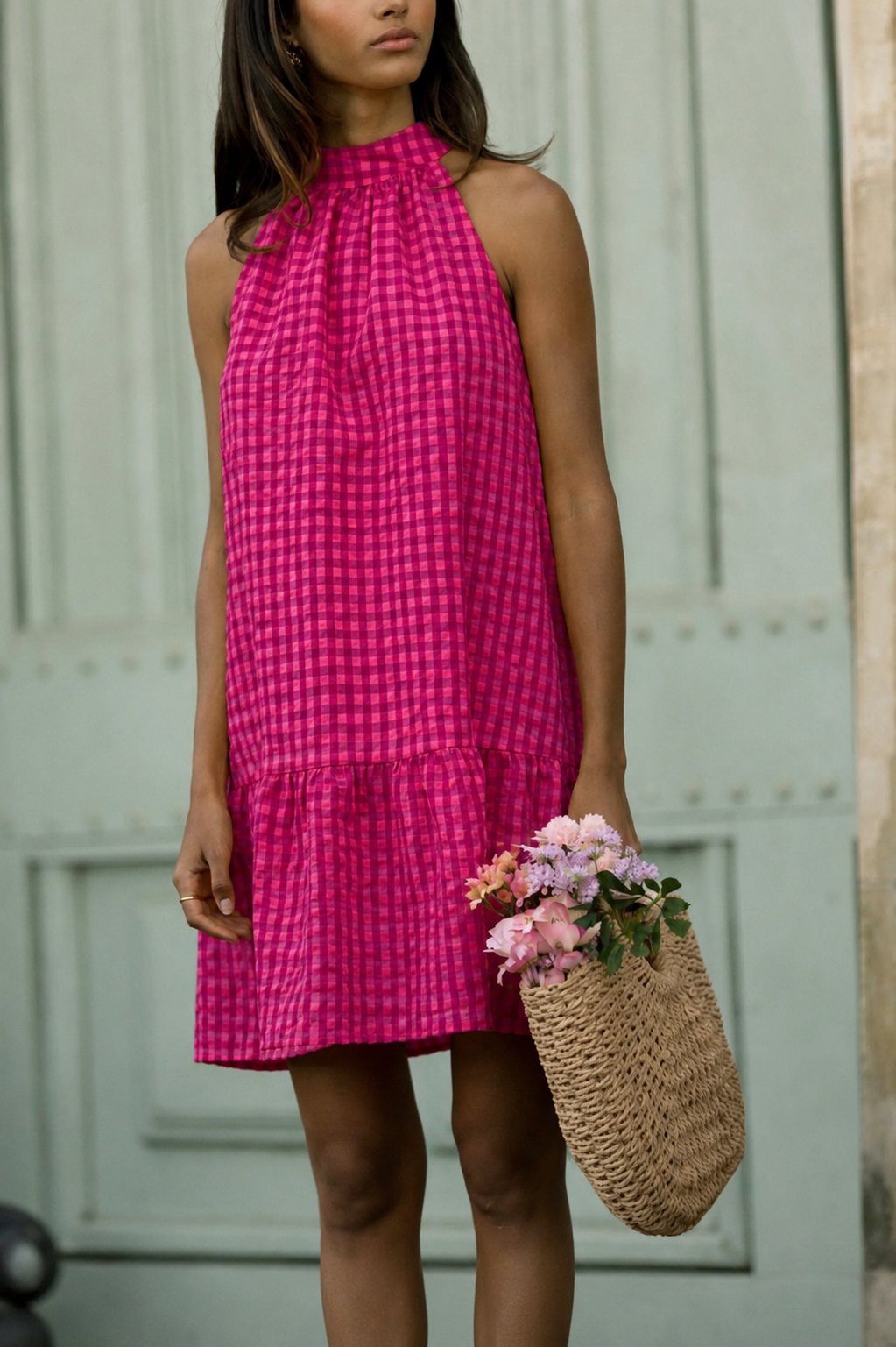 Suzy gingham pink bow back dress