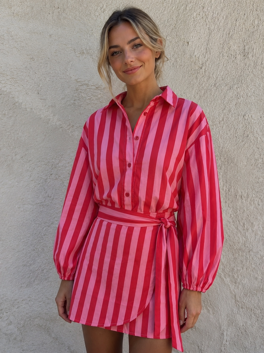 Lara red and pink stripe skirt and blouse set