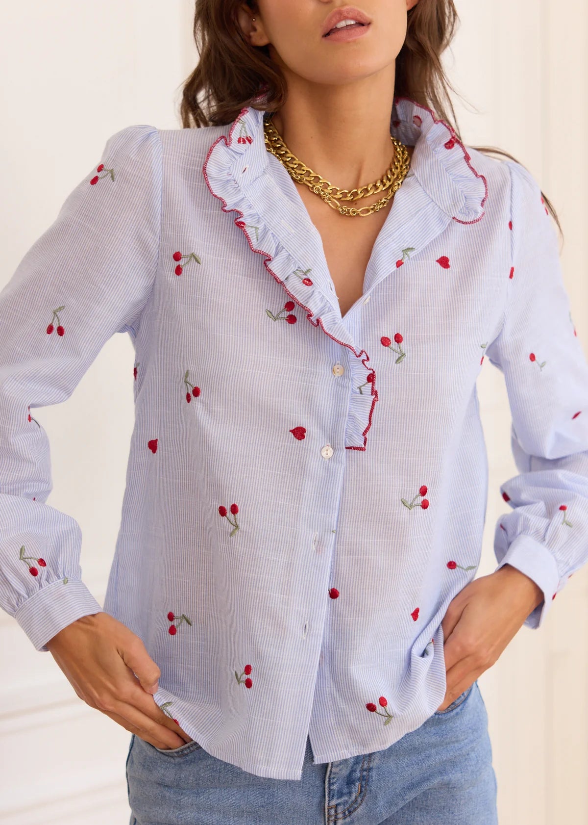 Piper Cherry & heart print blue stripe shirt