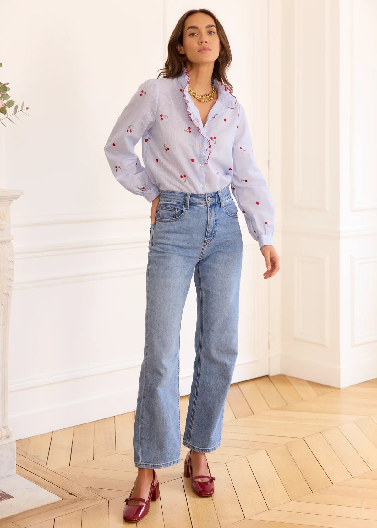 Piper Cherry & heart print blue stripe shirt
