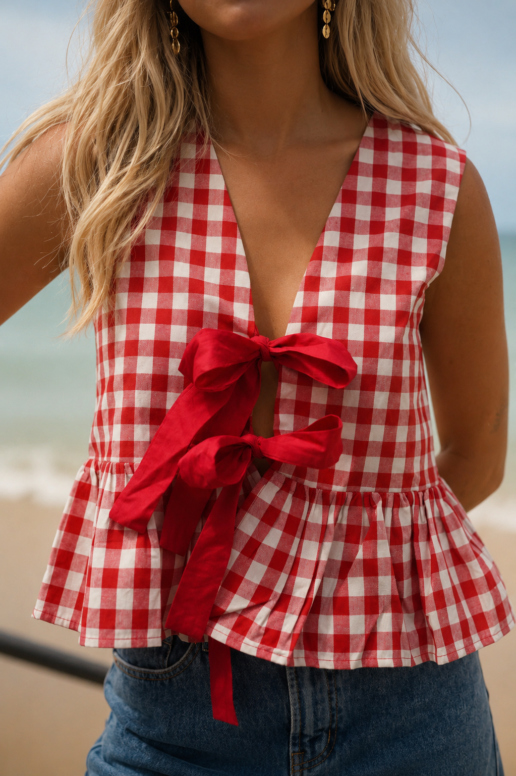 Olive red gingham reversible top