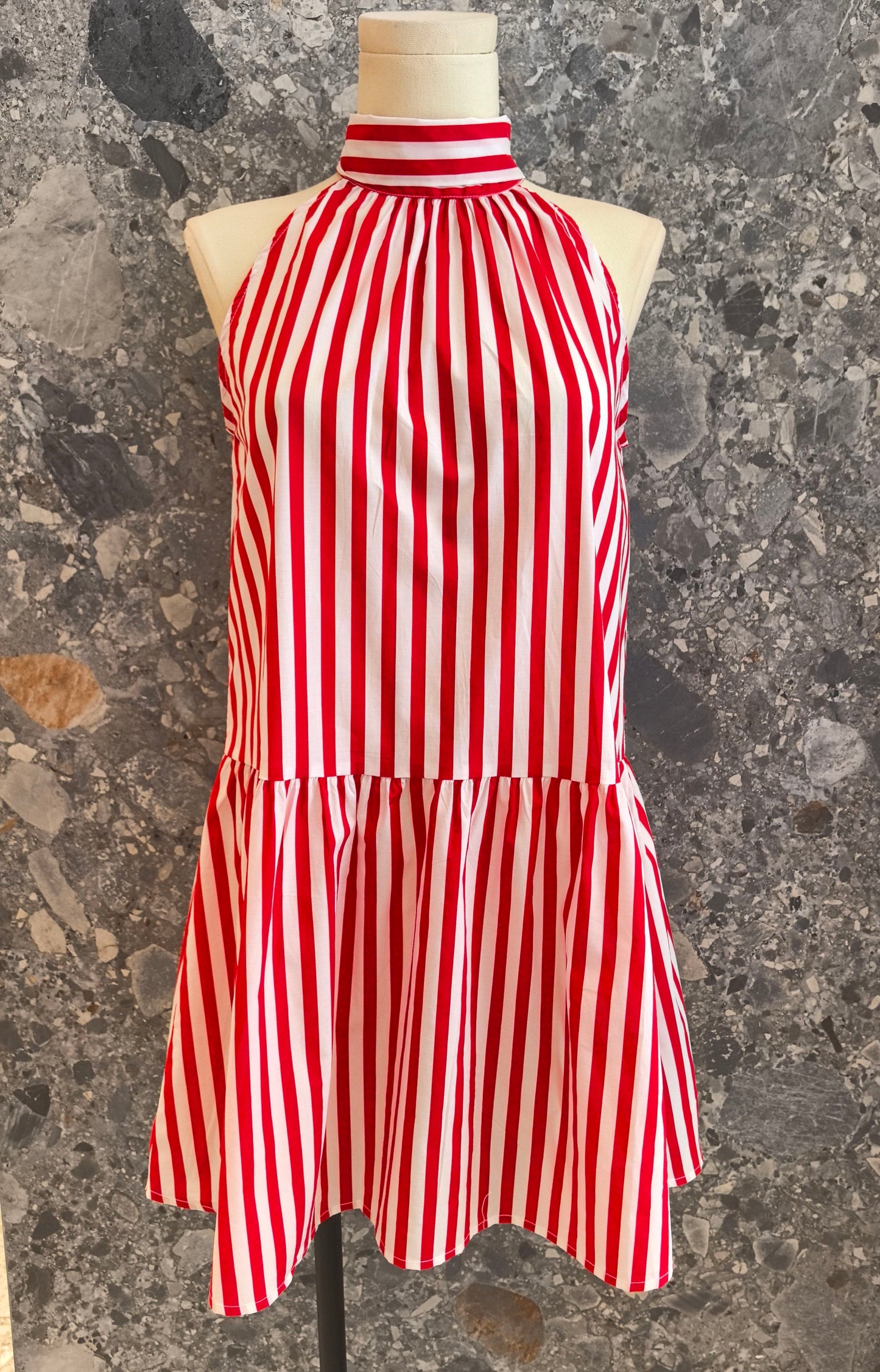 Suzy red stripe halter neck bow dress