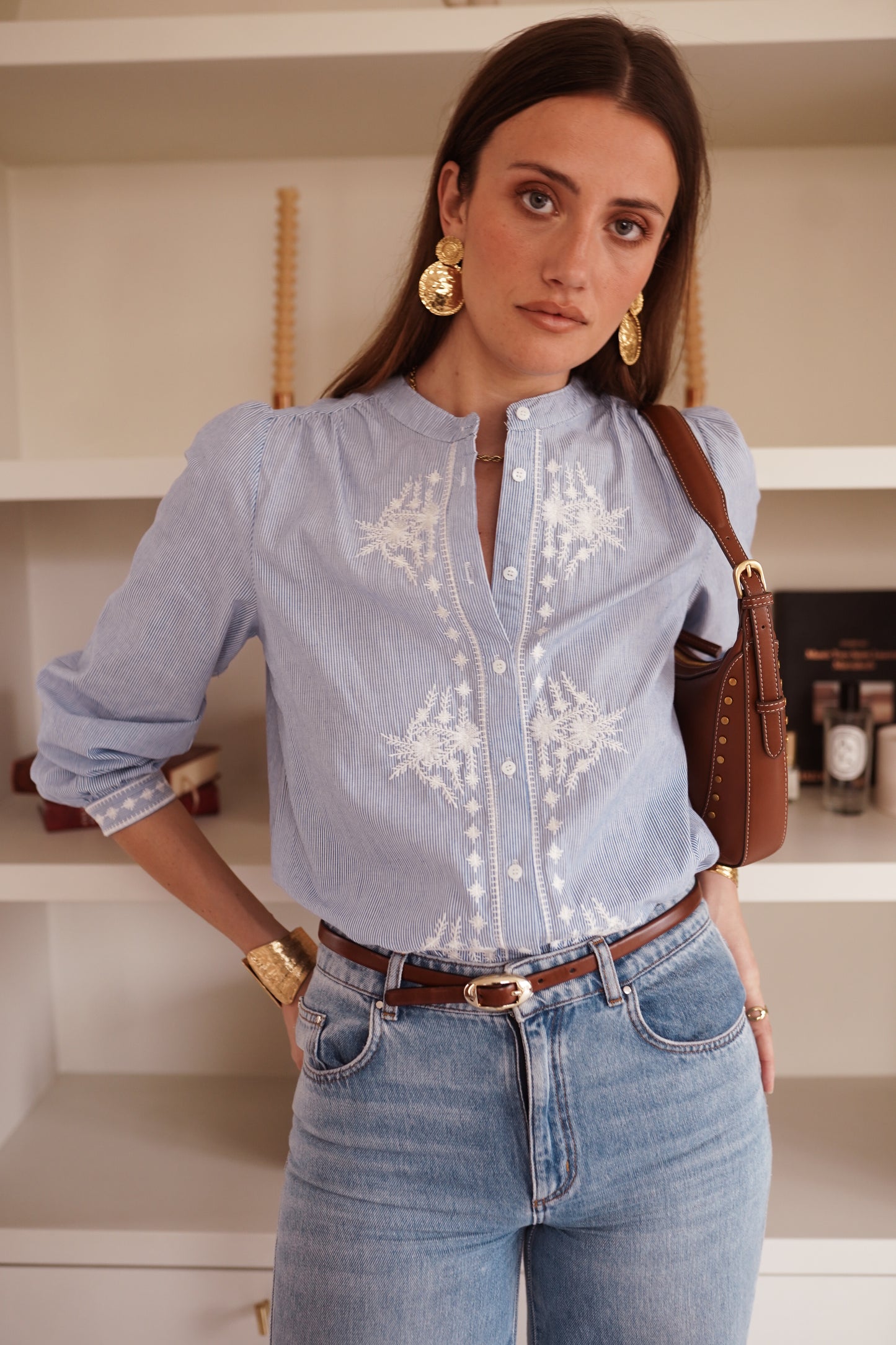Tara blue striped embroidered blouse
