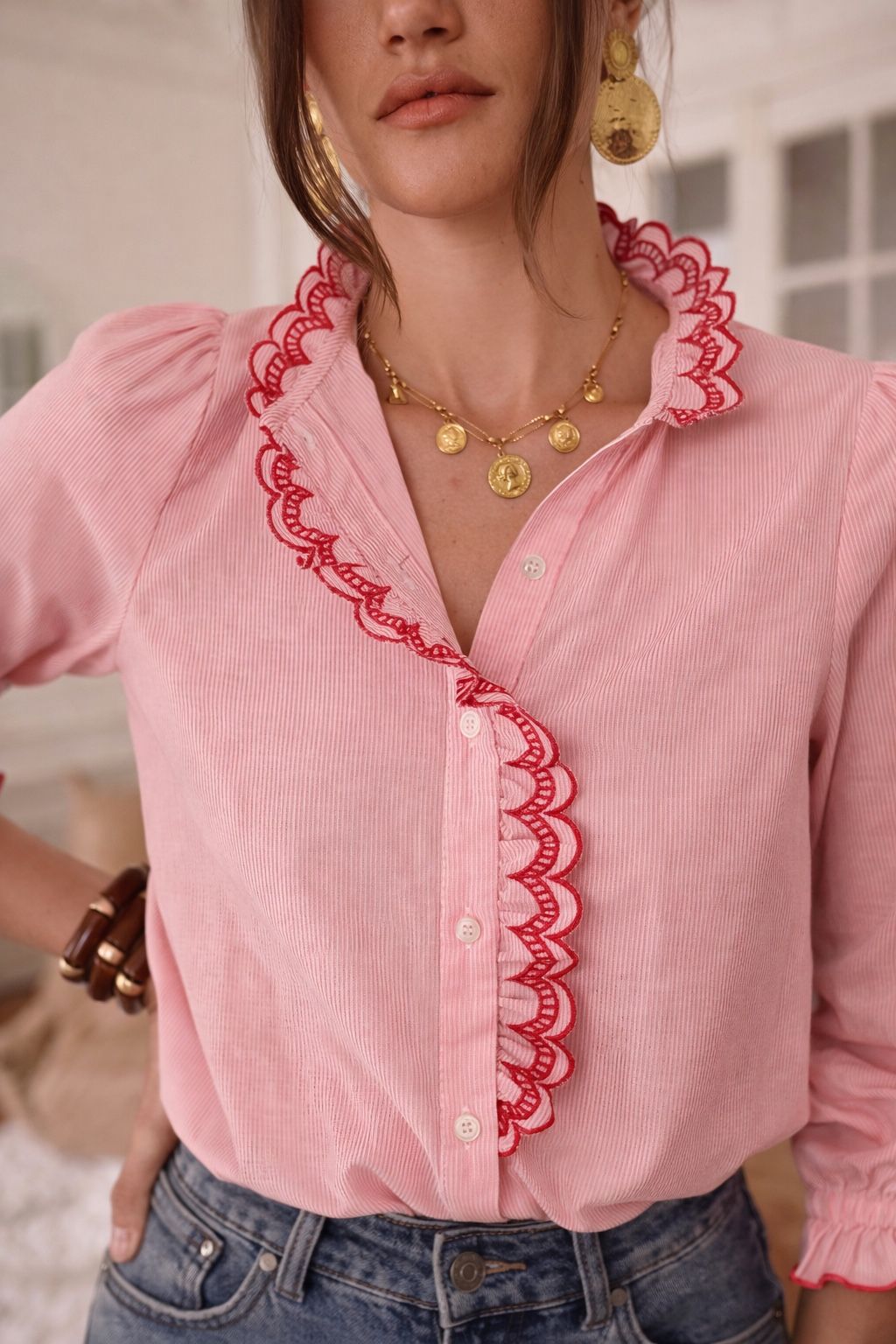 Ella pink stripe ruffle blouse