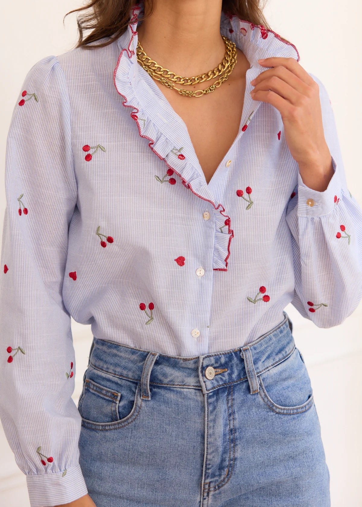 Piper Cherry & heart print blue stripe shirt