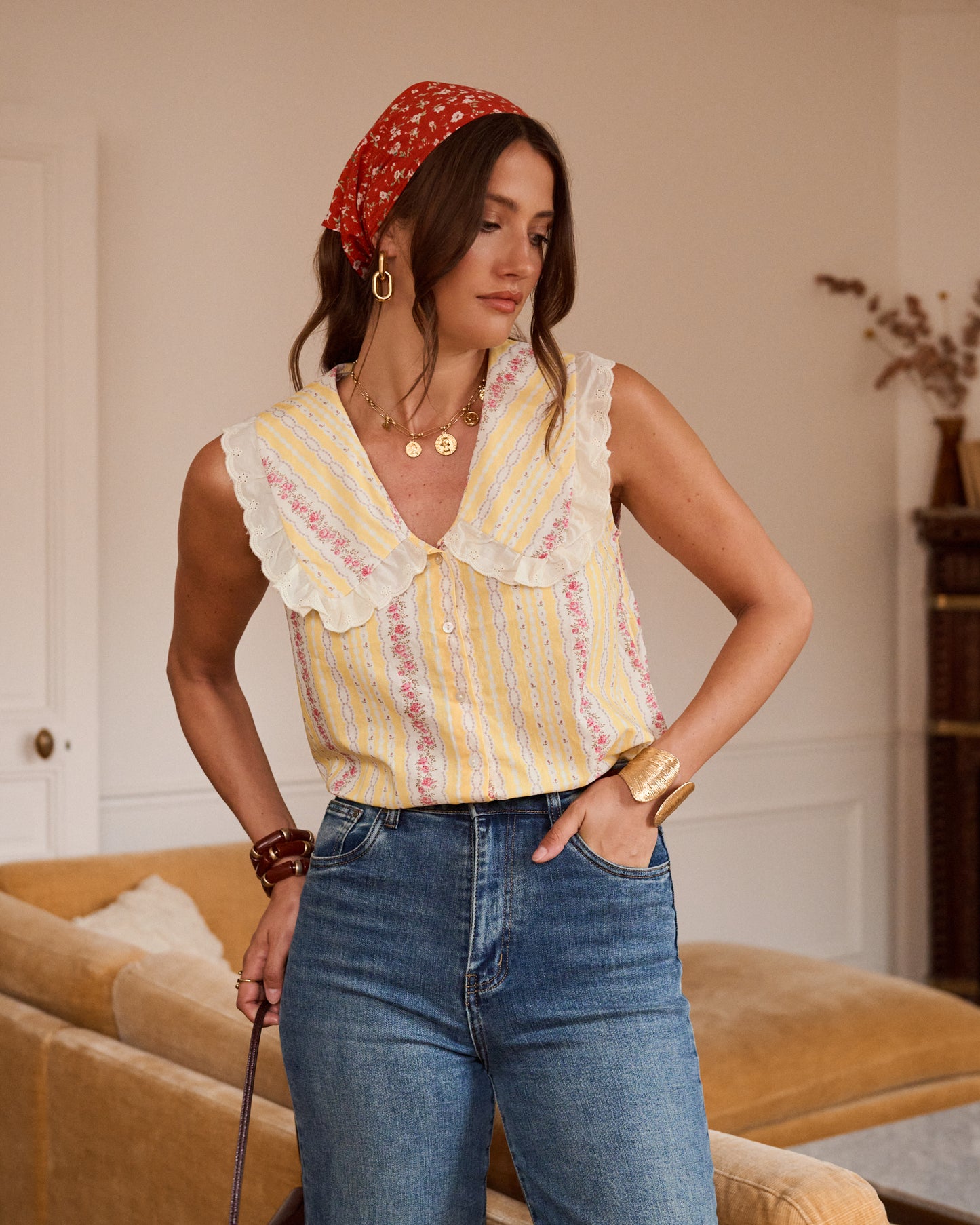 Martine yellow floral Peter Pan sleeveless blouse