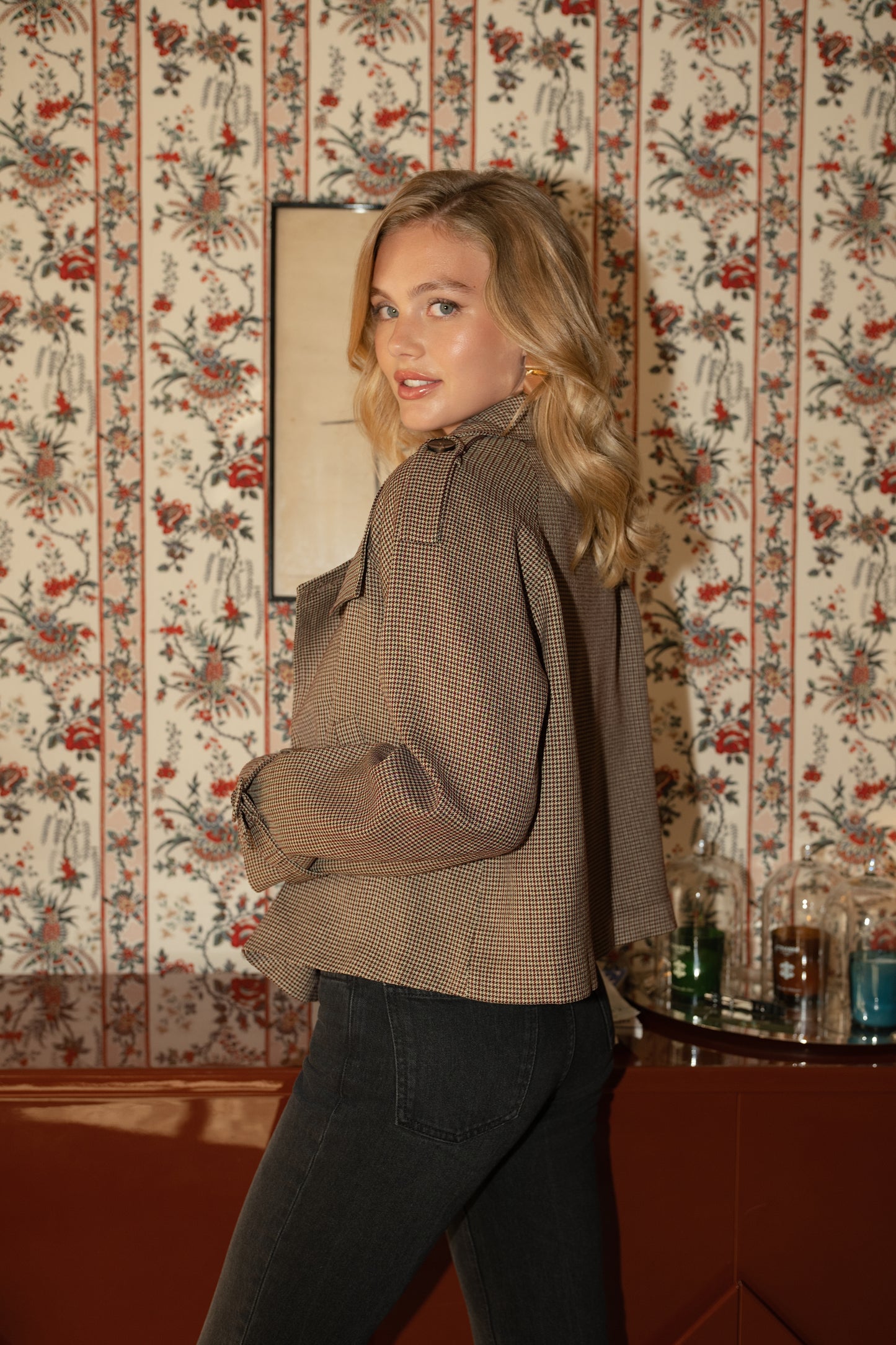 Farrah check short trench jacket