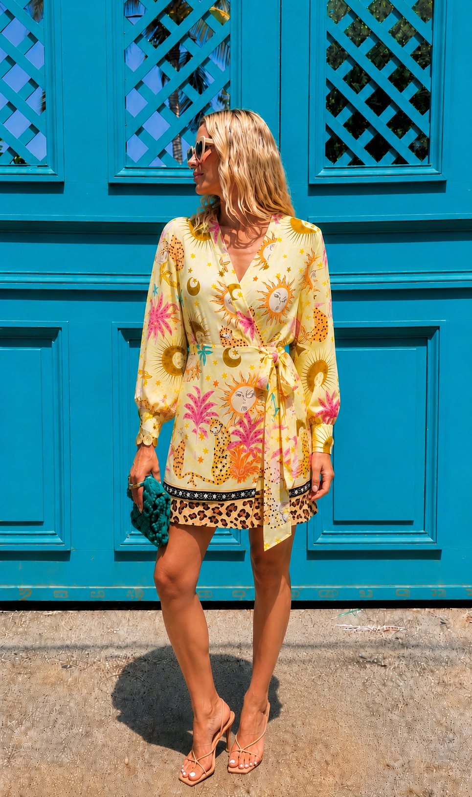 Lillie yellow leopard print tropical wrap dress