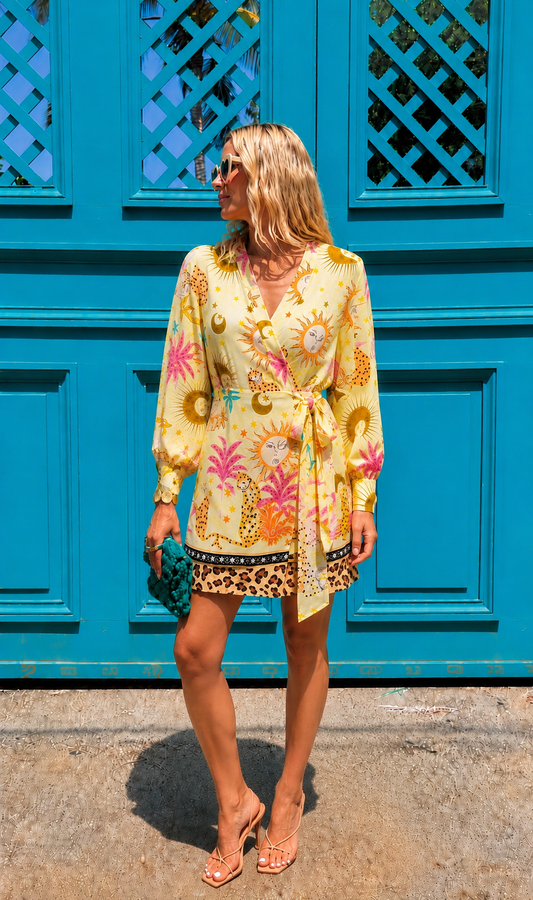 Lillie yellow leopard print tropical wrap dress