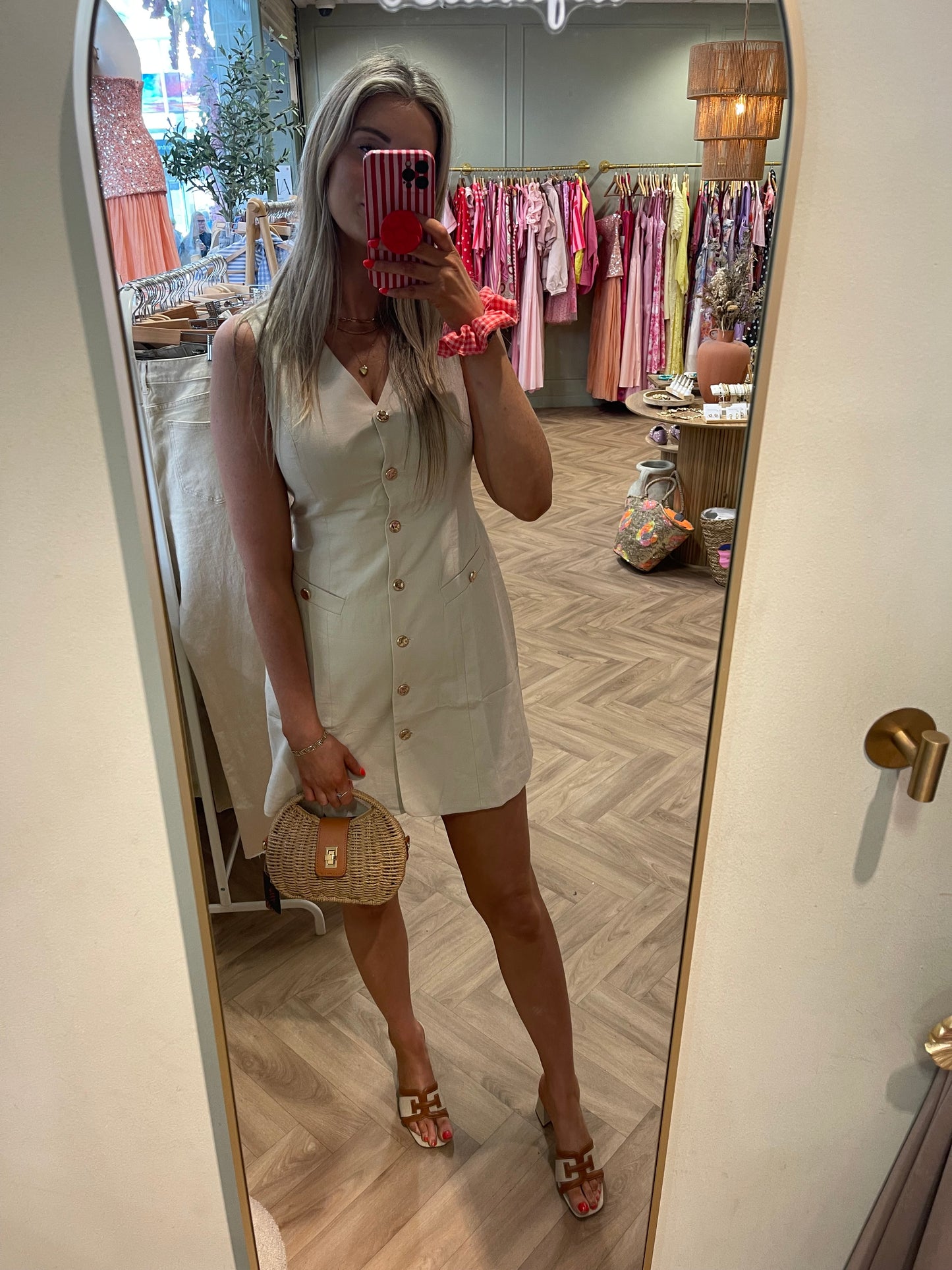 Mandy beige shift dress gold buttons