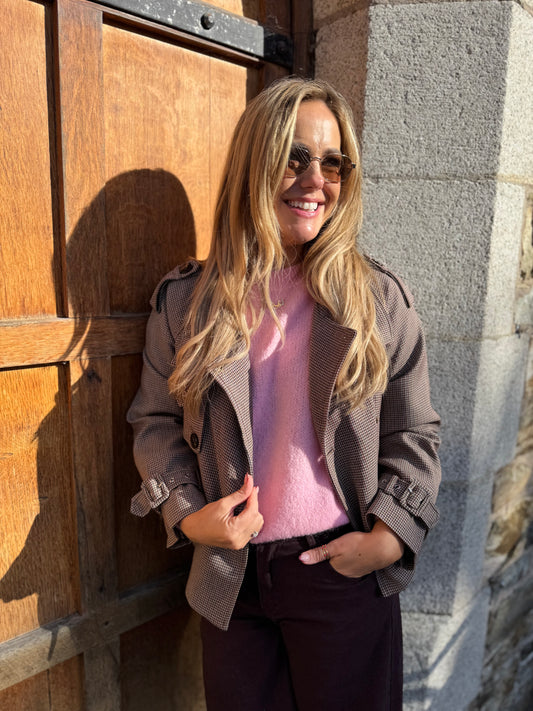 Farrah check short trench jacket