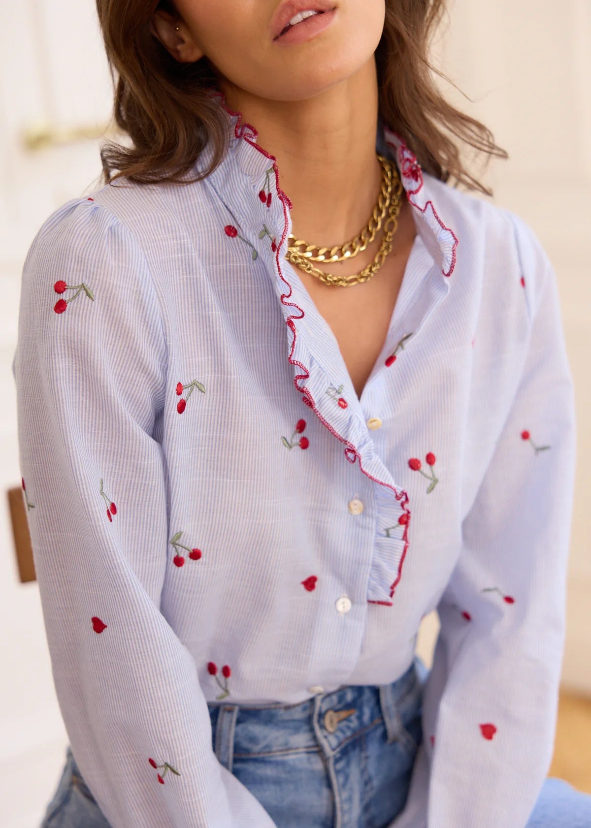 Piper Cherry & heart print blue stripe shirt