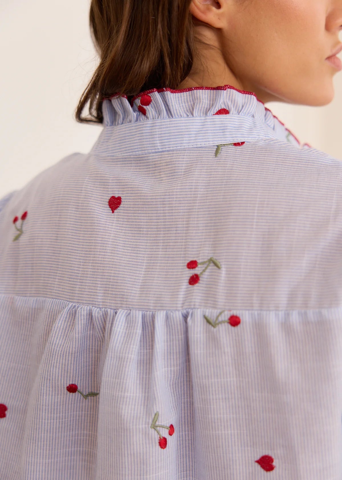 Piper Cherry & heart print blue stripe shirt
