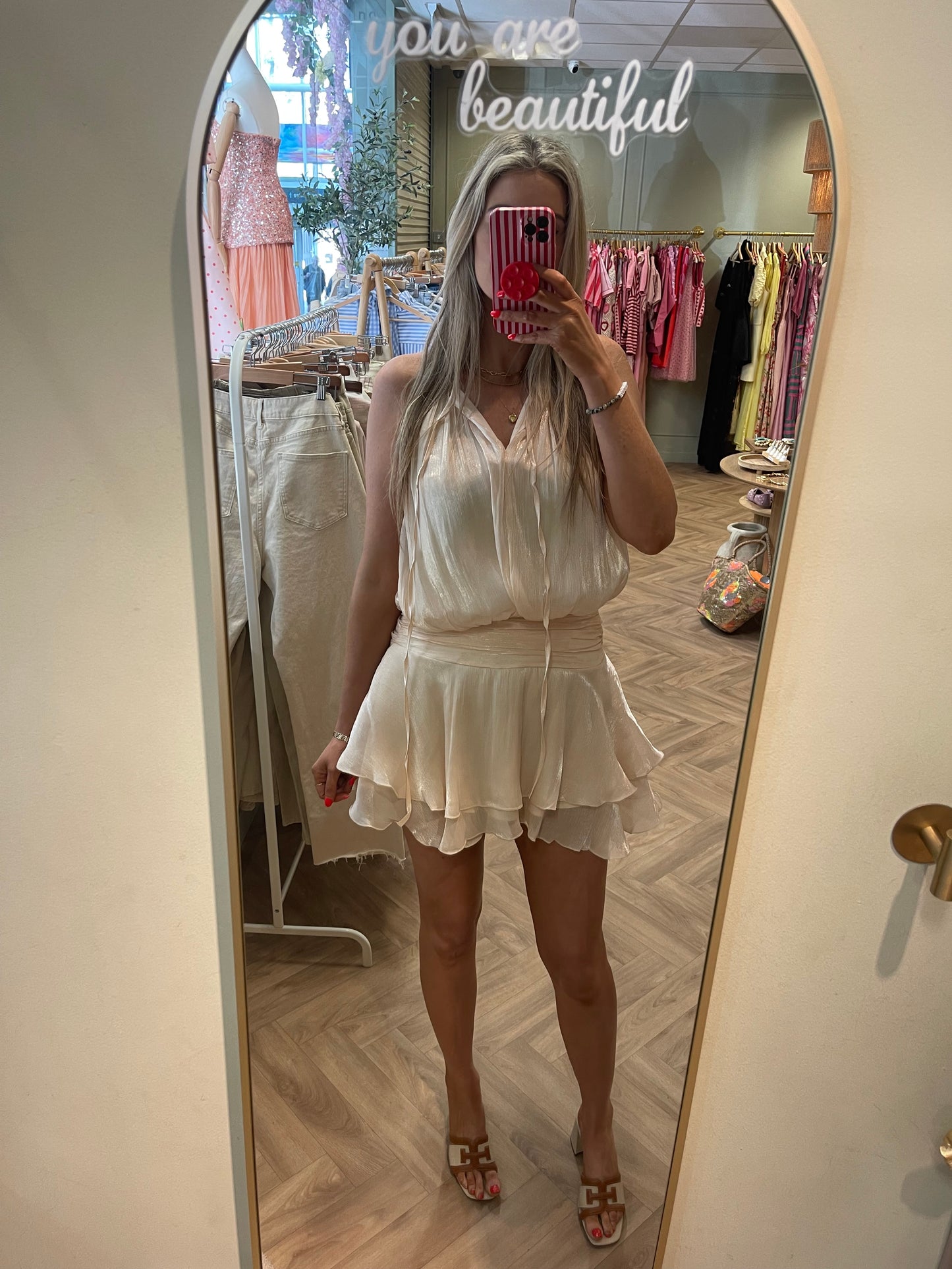 Tess silky beige mini dress