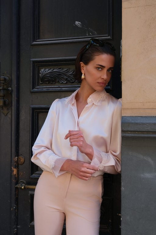Cleo soft pink lace trim satin shirt