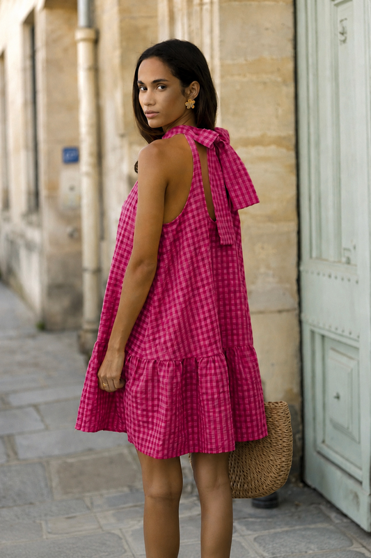 Suzy gingham pink bow back dress