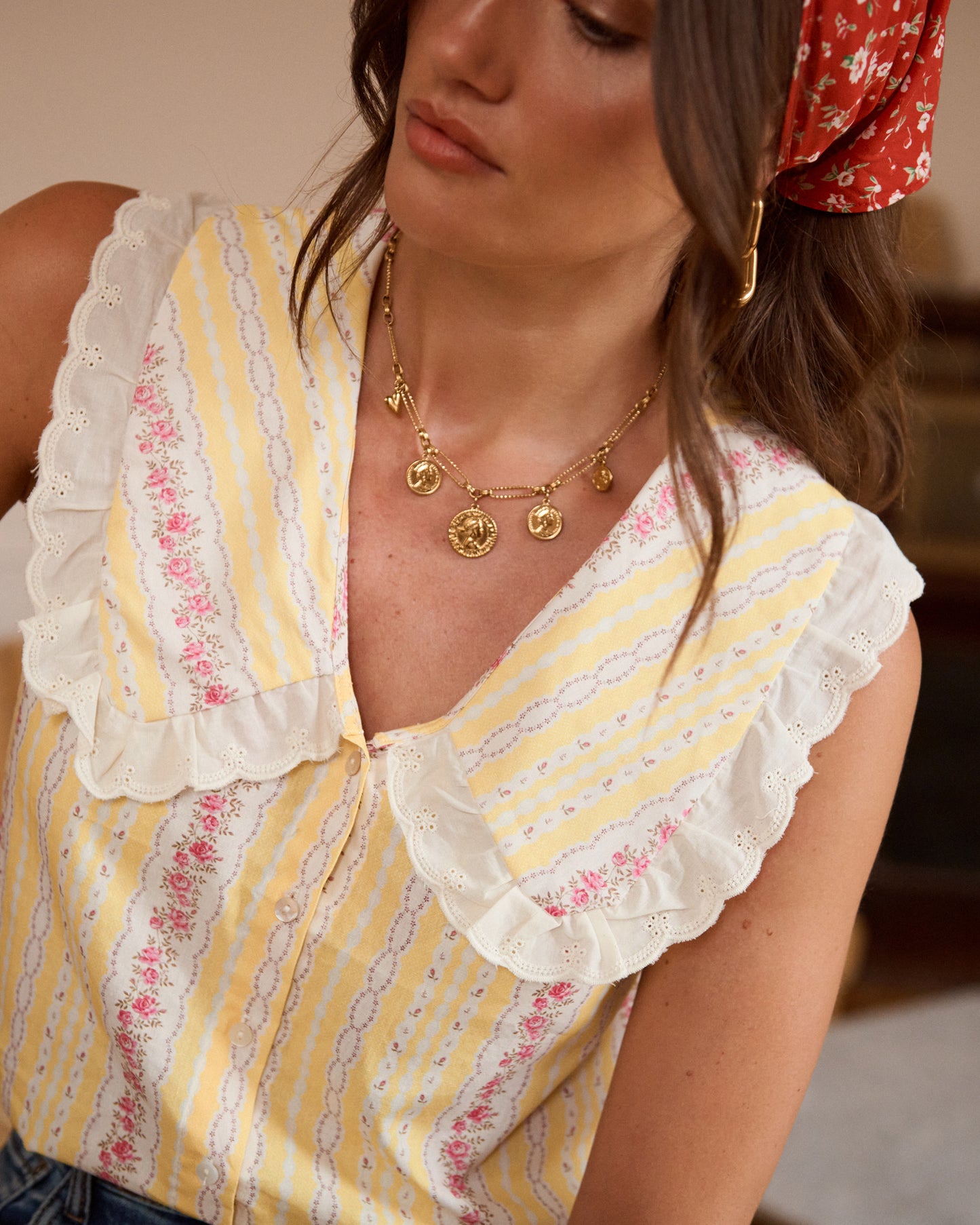 Martine yellow floral Peter Pan sleeveless blouse