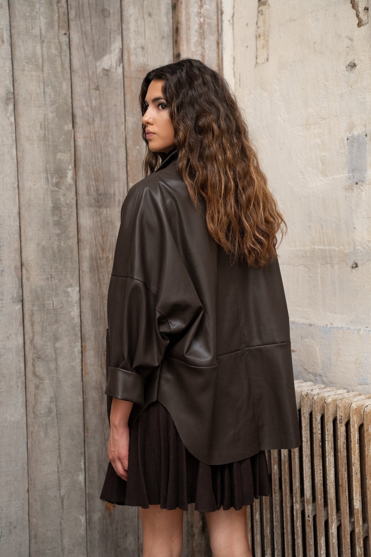 Beth coffee funnel neck leather jacket