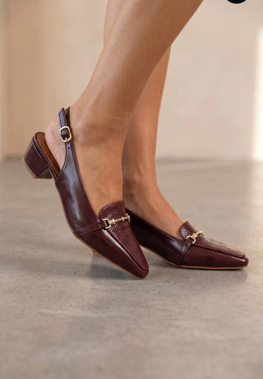 Burgundy horsebit sling back shoes