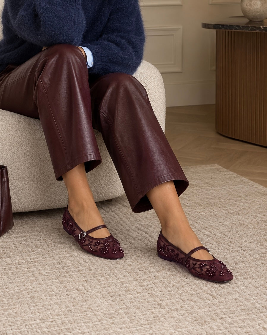 Burgundy pearl embellished mesh flat pumps