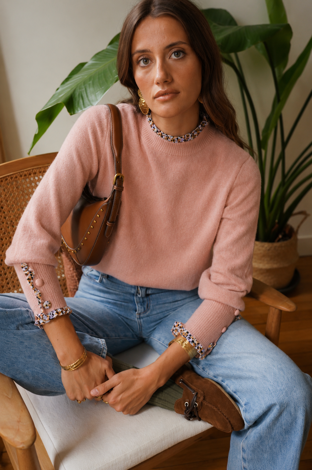 Kim pink jumper with floral trim