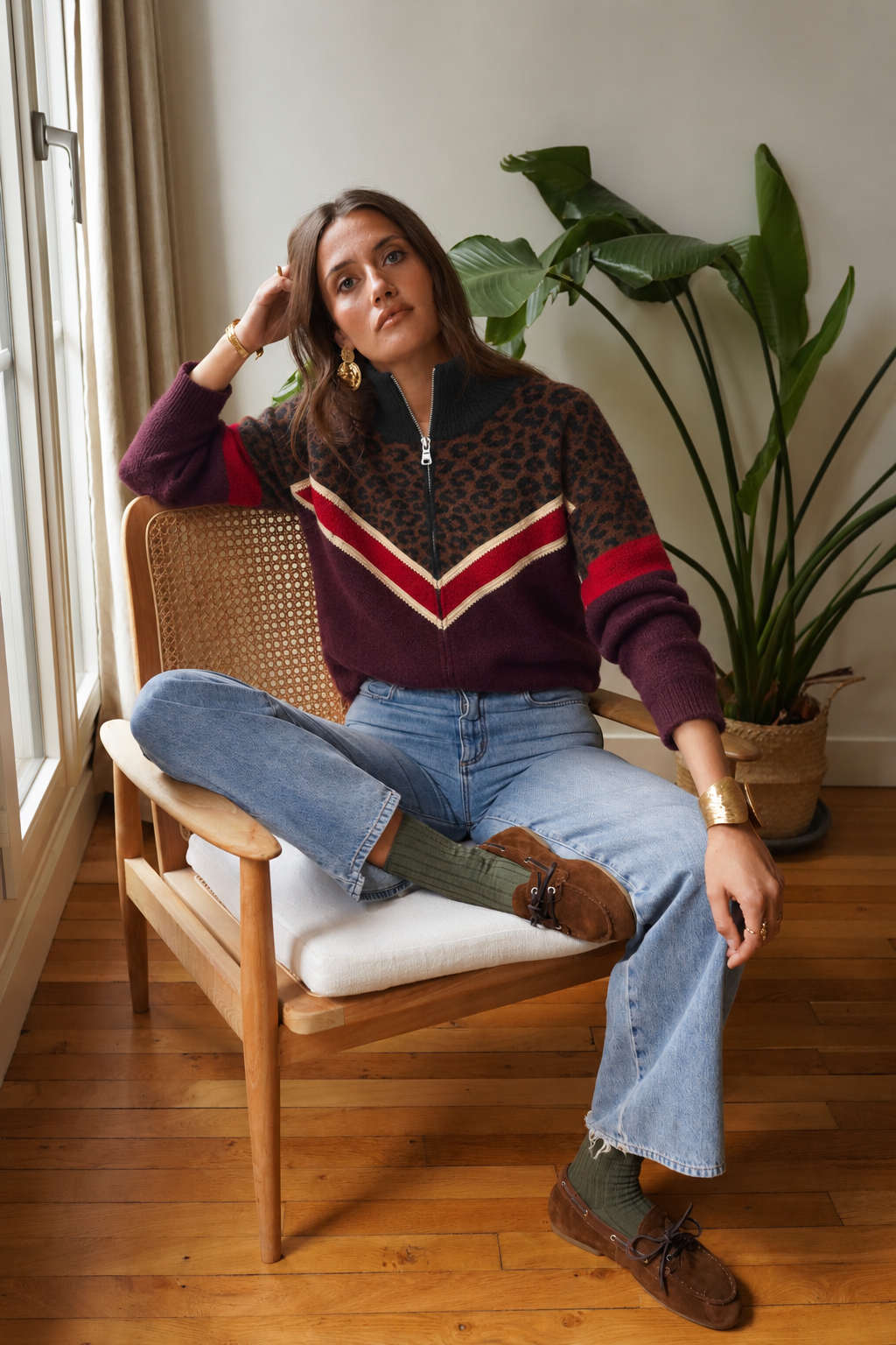 Sadie leopard and burgundy zip cardigan
