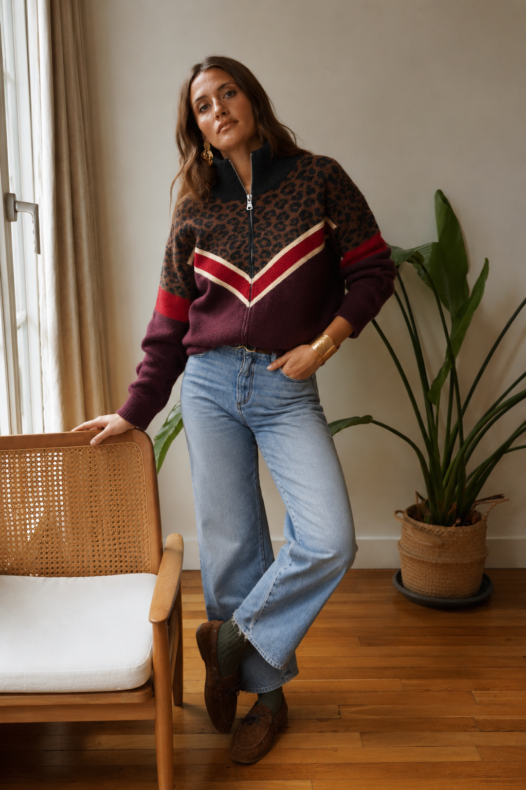 Sadie leopard and burgundy zip cardigan