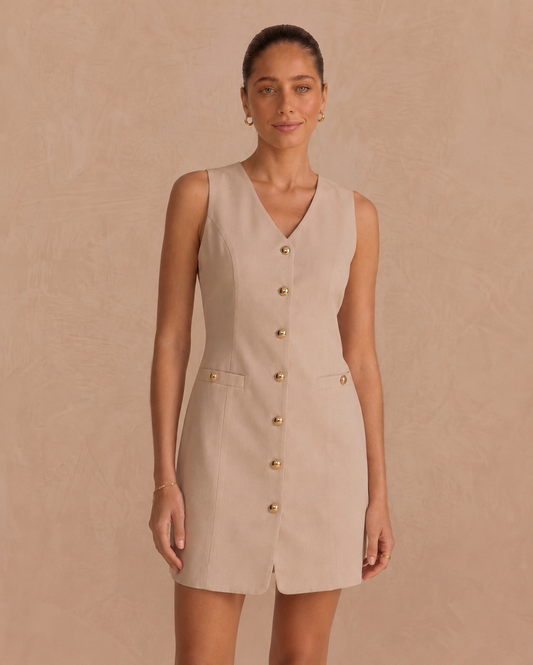 Mandy beige shift dress gold buttons
