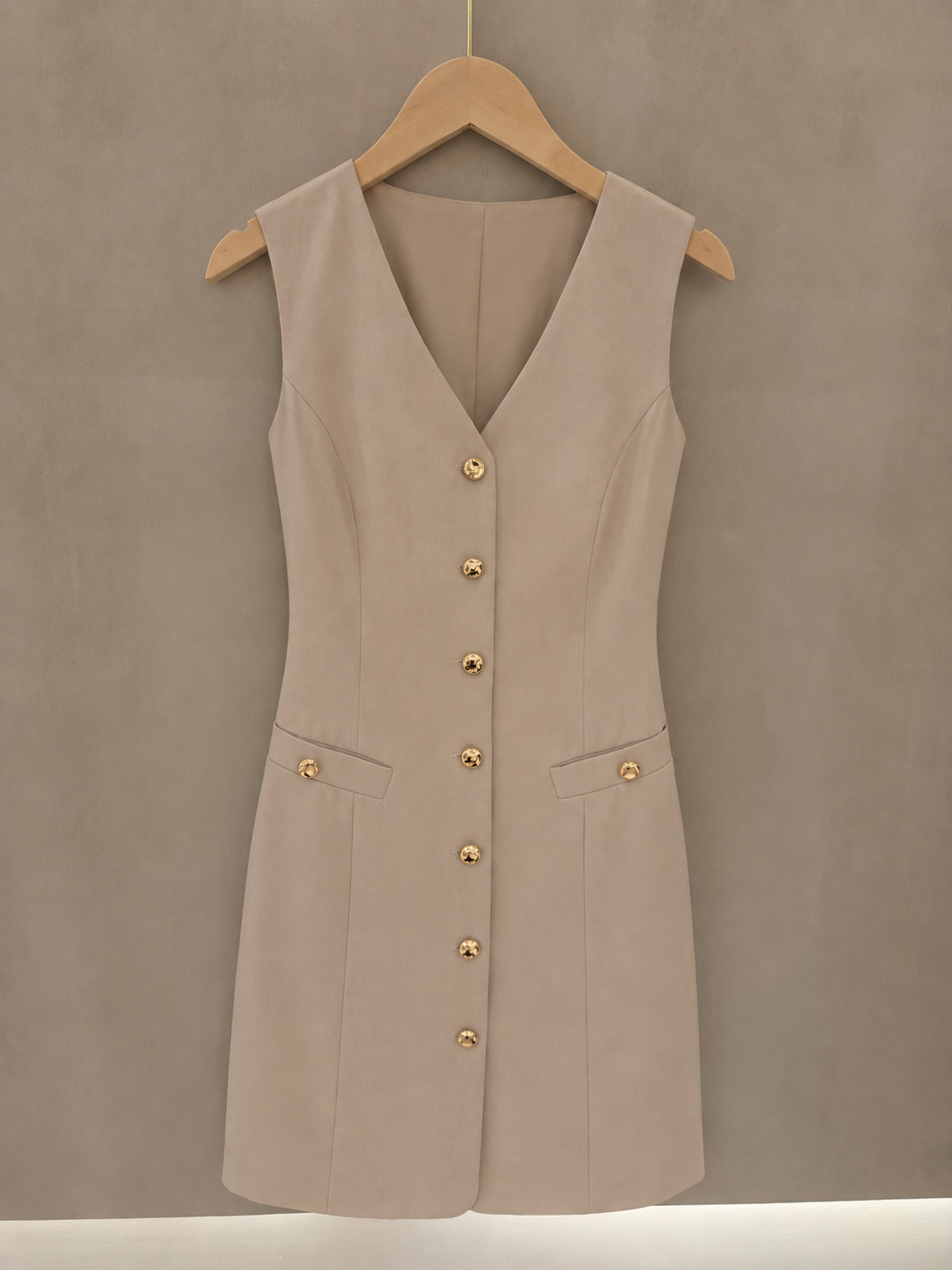 Mandy beige shift dress gold buttons