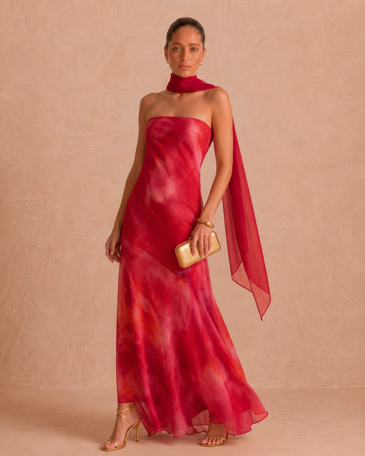 Sarah strapless dress with neck scarf
