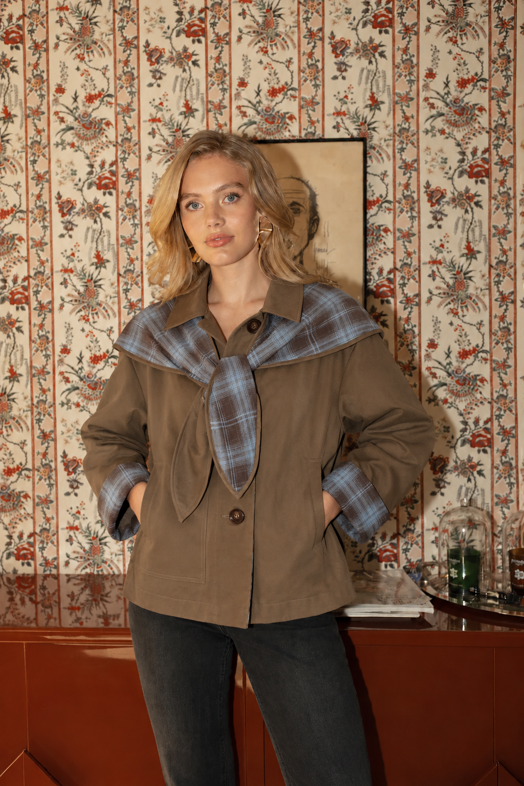 Eliza check print short trench jacket