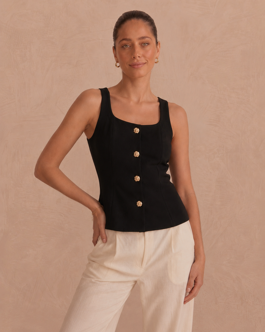 Marla black top with gold flower buttons