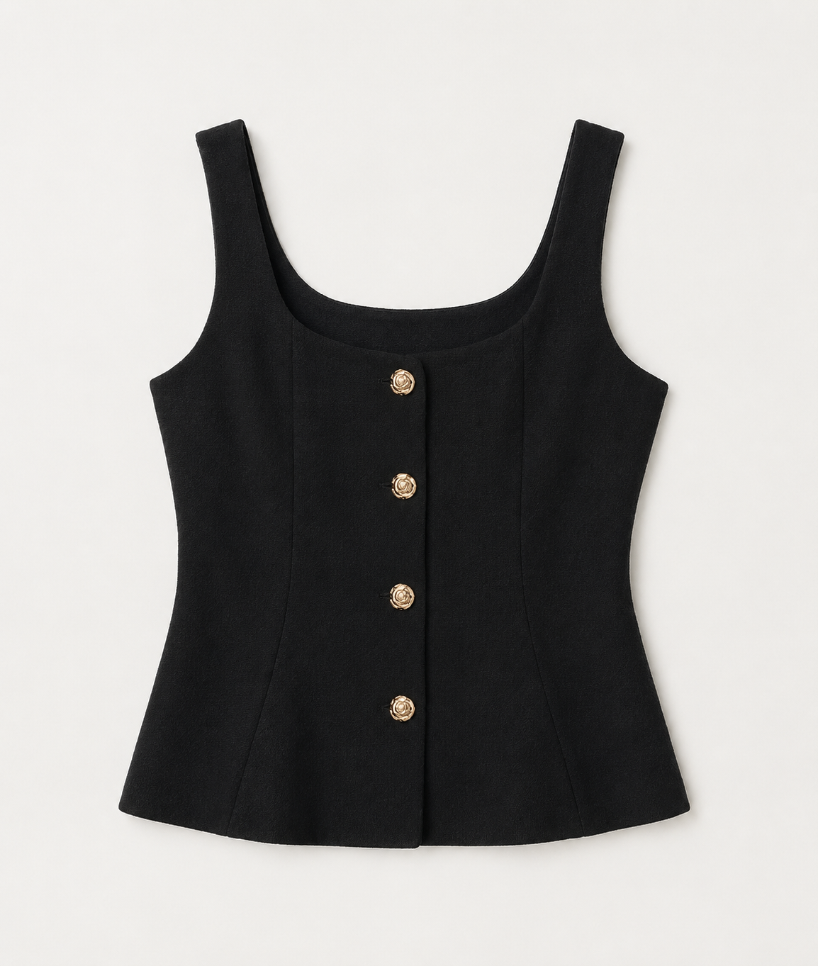 Marla black top with gold flower buttons