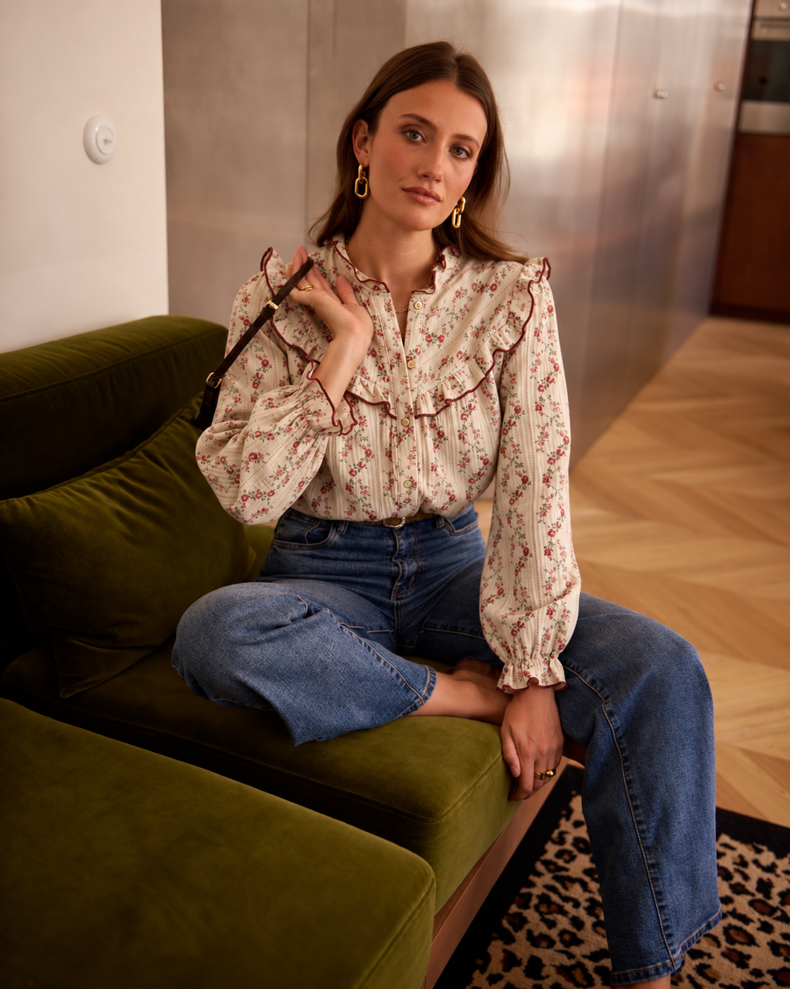 Cleo burgundy trim floral blouse