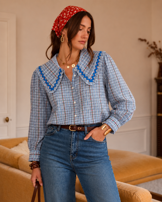 Marie folk print blue Peter Pan blouse