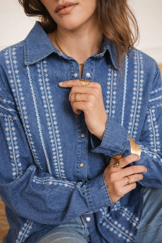 Sandy blue oversized embroidered denim shirt