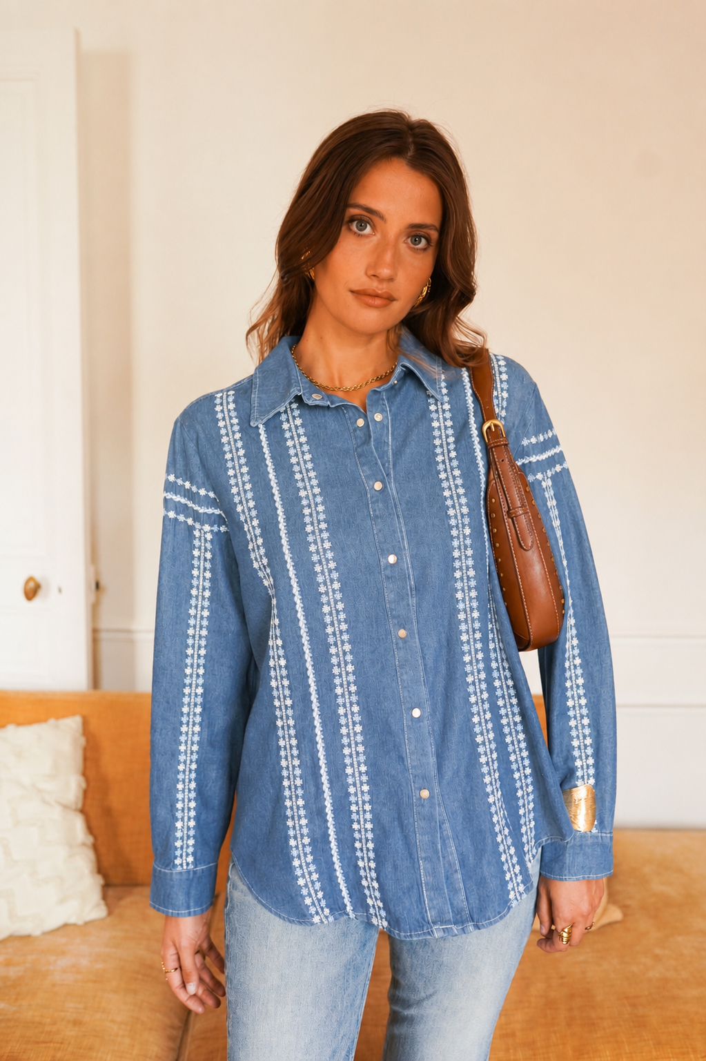 Sandy blue oversized embroidered denim shirt