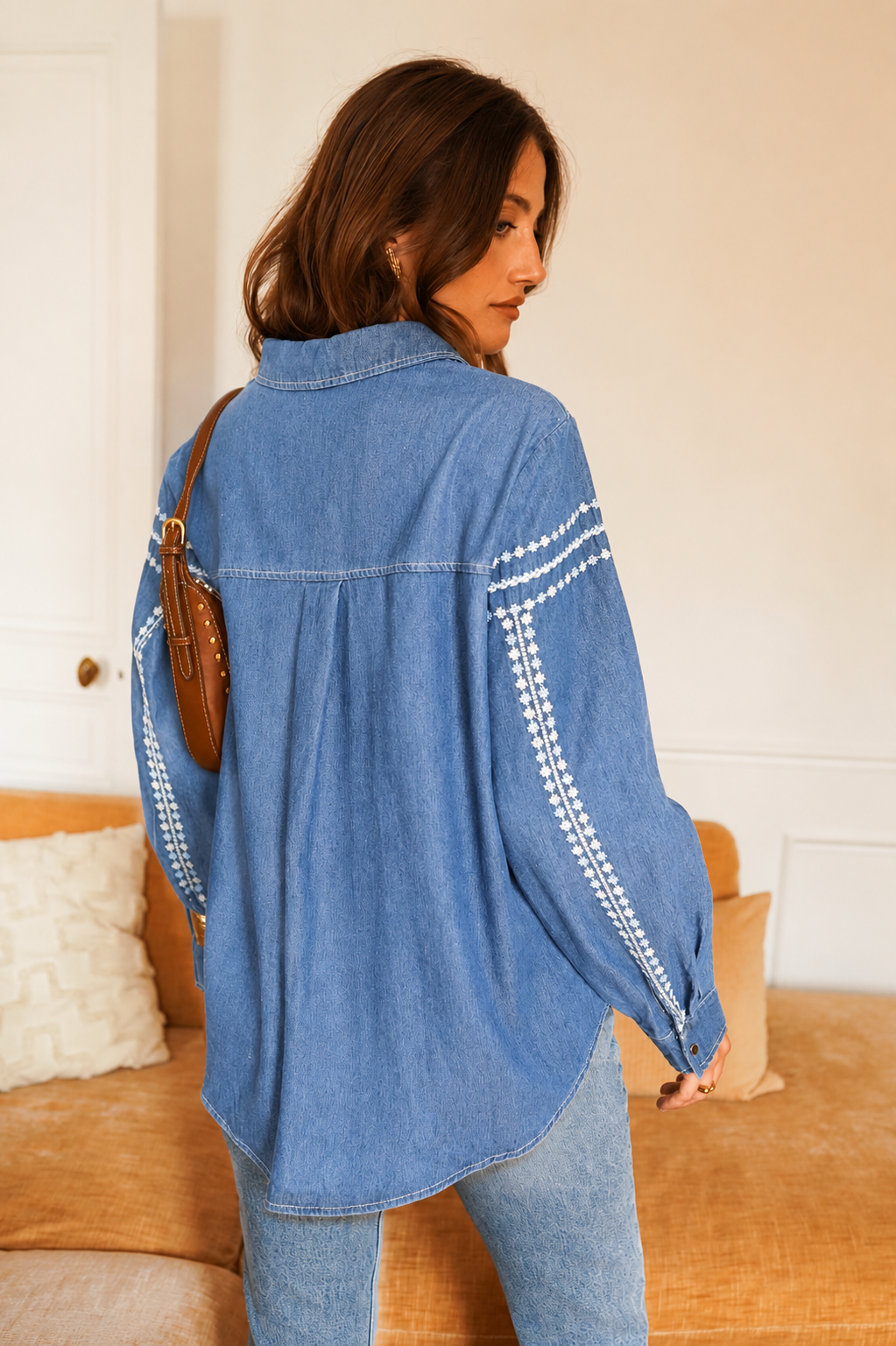 Sandy blue oversized embroidered denim shirt