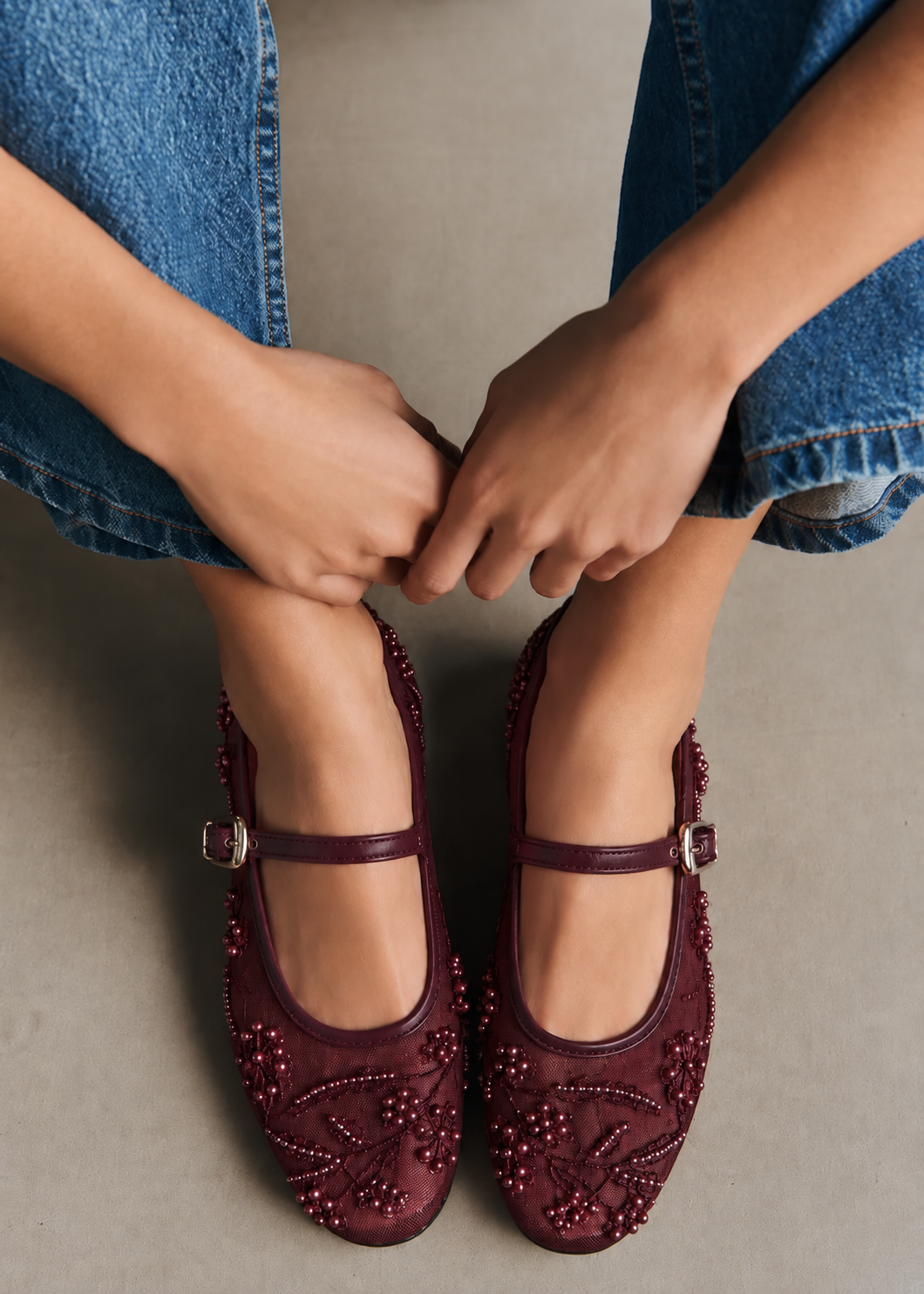 Burgundy pearl embellished mesh flat pumps