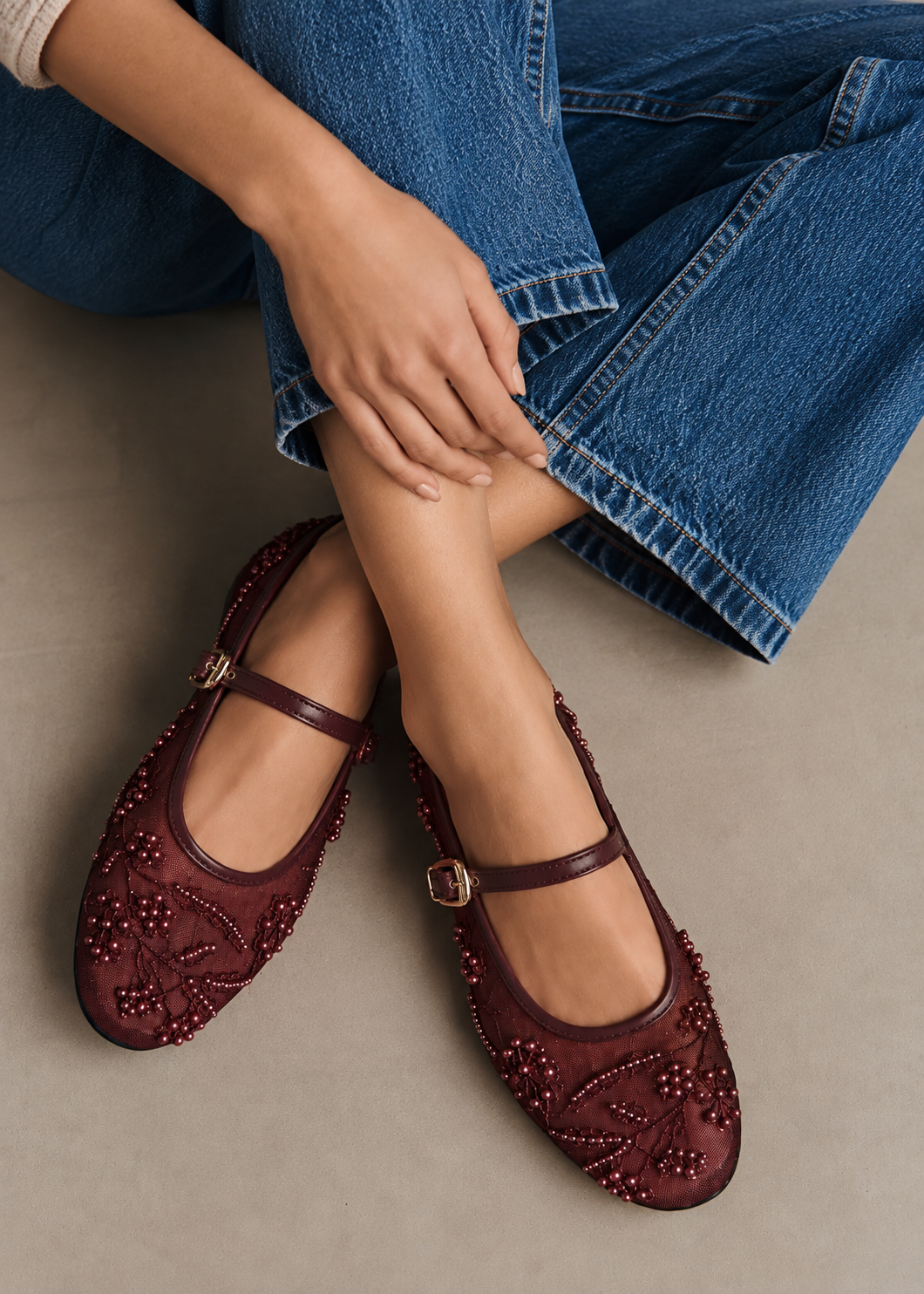 Burgundy pearl embellished mesh flat pumps