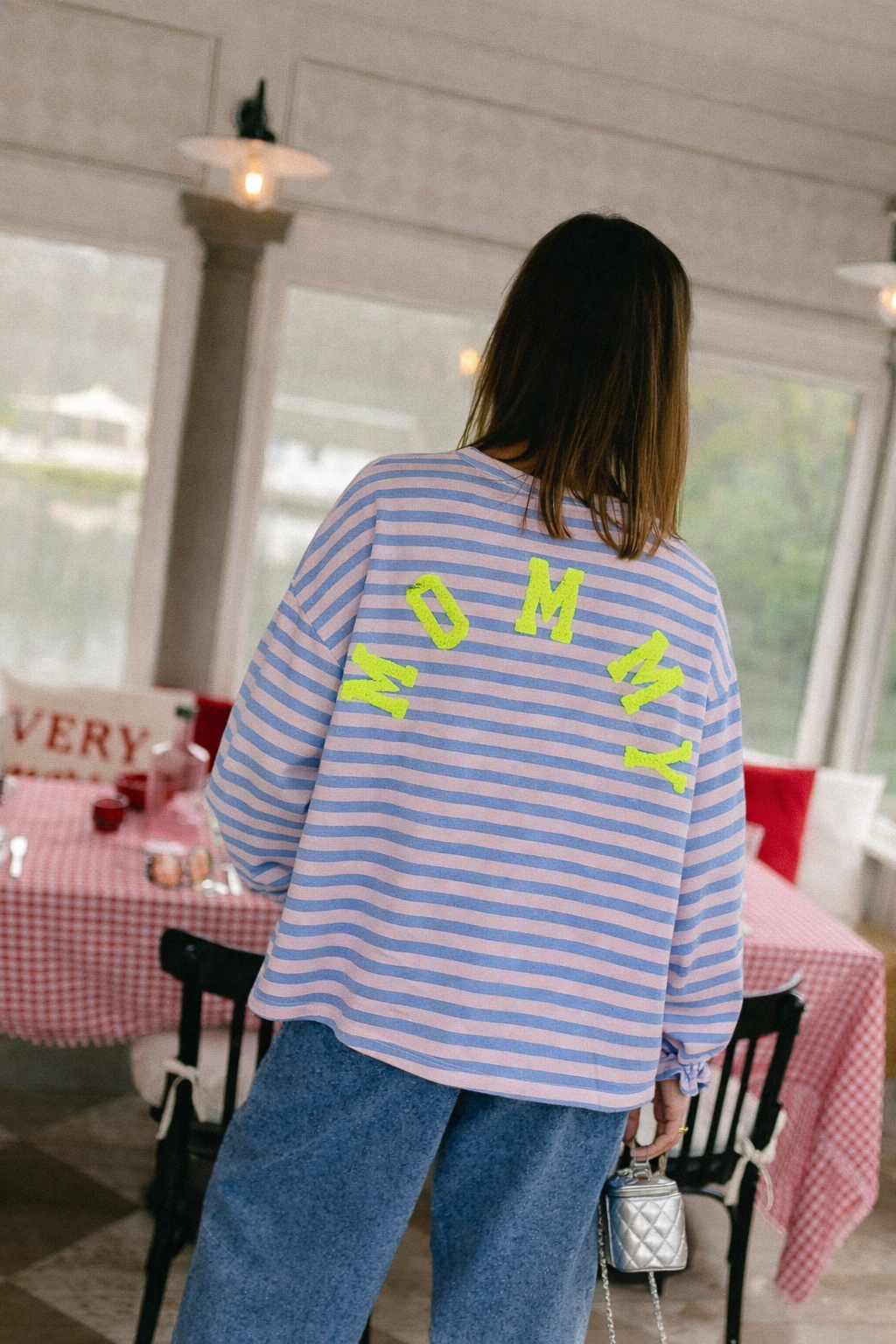 Mommy blue stripe neon yellow sweatshirt
