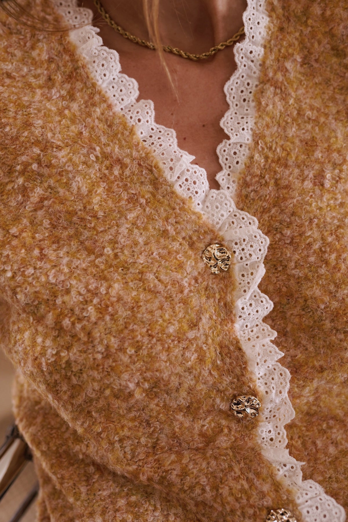 Flora mustard lace trim cardigan