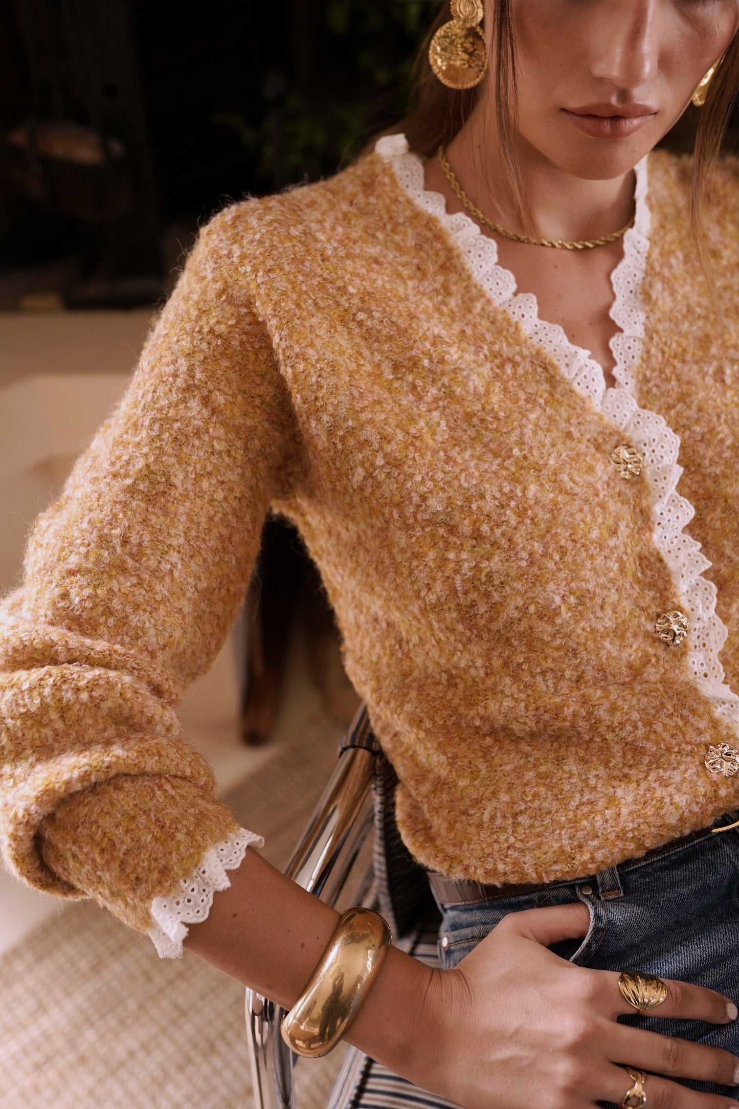 Flora mustard lace trim cardigan